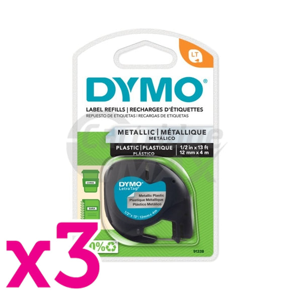 3 x Dymo SD91208 / 91338 Original 12mm x 4m Black On Silver LetraTag Metallic Tape