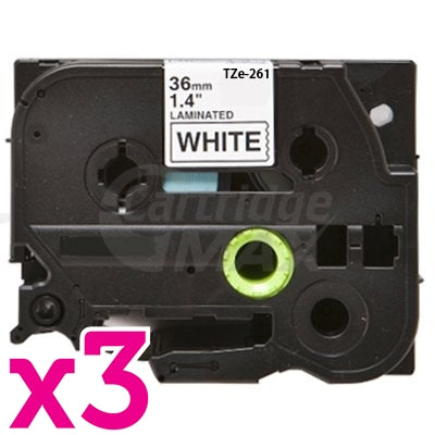3 x Brother TZe-261 Generic 36mm Black Text on White Laminated Tape - 8 meters