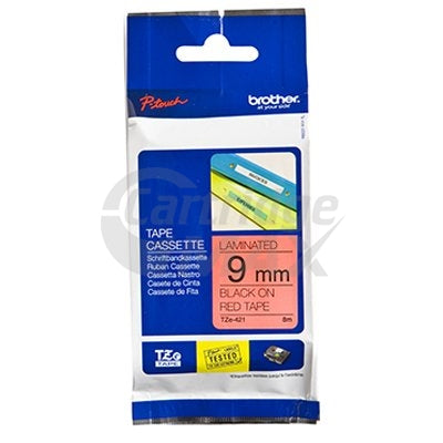 Brother TZe-421 Original 9mm Black Text on Red Laminated Tape - 8 meters