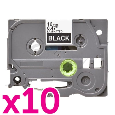 10 x Brother TZe-335 Generic 12mm White Text on Black Laminated Tape - 8 meters