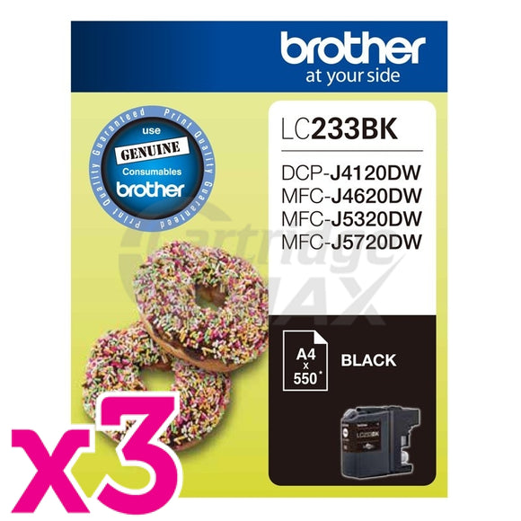 3 x Original Brother LC-233BK Black Ink Cartridge - 550 pages each