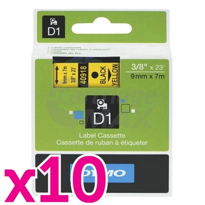 10 x Dymo SD40918 / S0720730 Original 9mm Black Text on Yellow Label Cassette - 7 meters