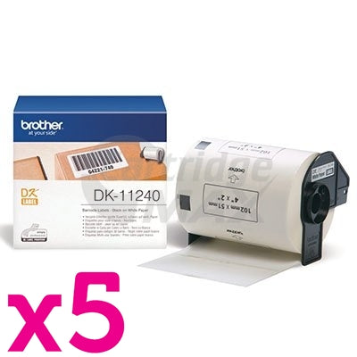 5 x Brother DK-11240 Original Black Text on White 102mm x 51mm Die-Cut Paper Label Roll - 600 labels per roll