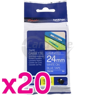 20 x Brother TZe-555 Original 24mm White Text on Blue Laminated Tape - 8 meters