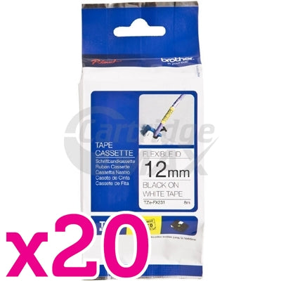 20 x Brother TZe-FX231 Original 12mm Black Text on White Flexible ID Laminated Tape - 8 metres