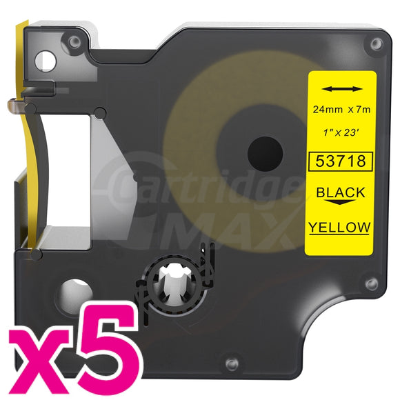 5 x Dymo D1 SD53718 / S0720980 Generic 24mm Black Text on Yellow Label Cassette - 7 meters