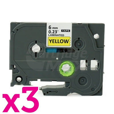 3 x Brother TZe-611 Generic 6mm Black Text on Yellow Laminated Tape - 8 meters