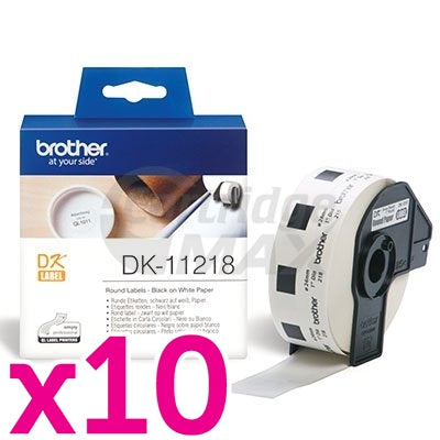 10 x Brother DK-11218 Original Black Text on White 24mm Diameter Die-Cut Paper Label Roll - 1000 labels per roll