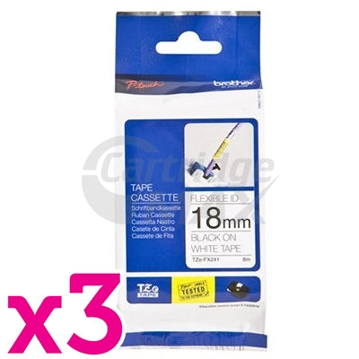 3 x Brother TZe-FX241 Original 18mm Black Text on White Flexible ID Laminated Tape - 8 metres
