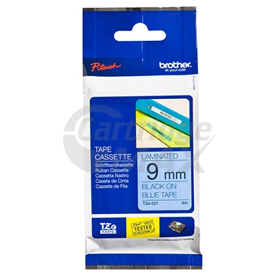 Brother TZe-521 Original 9mm Black Text on Blue Laminated Tape - 8 meters