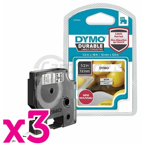 3 x Dymo SD1978364 Original 12mm x 5.5m Black On White D1 Durable Label Tape