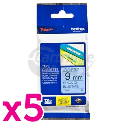 5 x Brother TZe-521 Original 9mm Black Text on Blue Laminated Tape - 8 meters