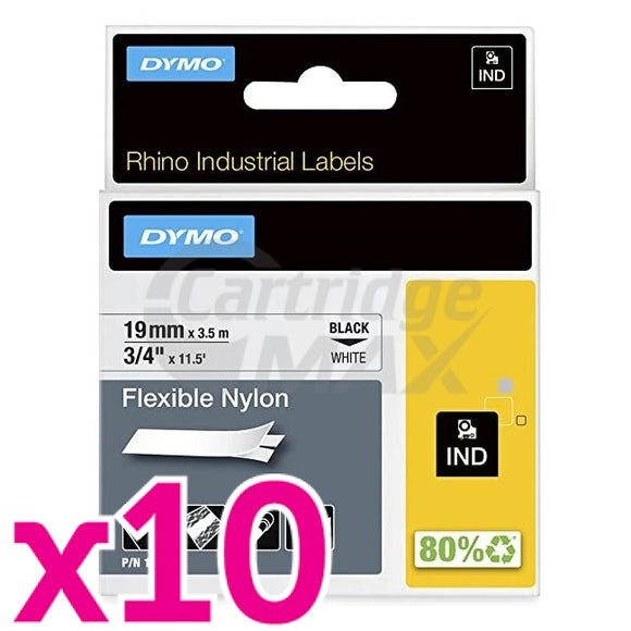 10 x Dymo SD18489 Original 19mm Black Text on White Flexible Nylon Industrial Rhino Label Cassette - 3.5 meters