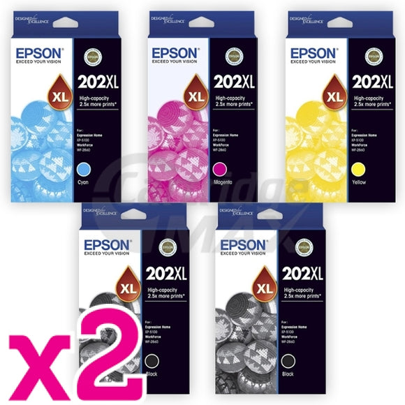 10 Pack Original Epson 202XL (C13T02P192-C13T02P492) High Yield Ink Combo [4BK,2C,2M,2Y]