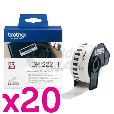 20 x Brother DK-22211 Original Black Text on White Continuous Film Label Roll 29mm x 15.24m
