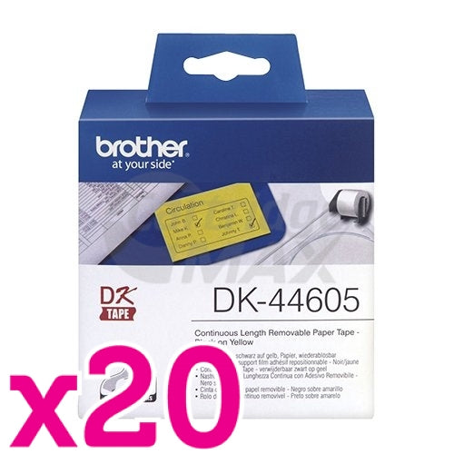 20 x Brother DK-44605 Original Removable Black Text on Yellow Continuous Paper Label Roll 62mm x 30.48m