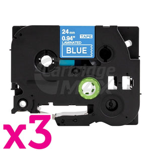 3 x Brother TZe-555 Generic 24mm White Text on Blue Laminated Tape - 8 meters