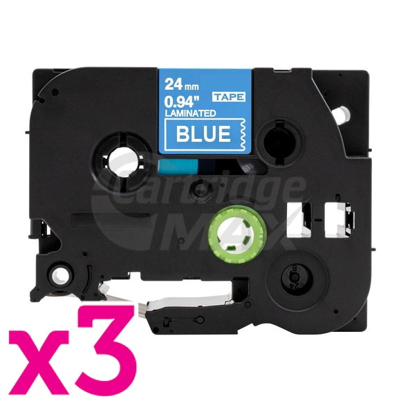 3 x Brother TZe-555 Generic 24mm White Text on Blue Laminated Tape - 8 meters