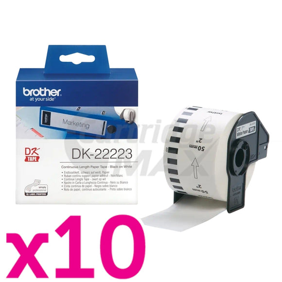 10 x Brother DK-22223 Original Black Text on White Continuous Paper Label Roll 50mm x 30.48m