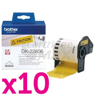 10 x Brother DK-22606 Original Black Text on Yellow Continuous Film Label Roll 62mm x 15.24m