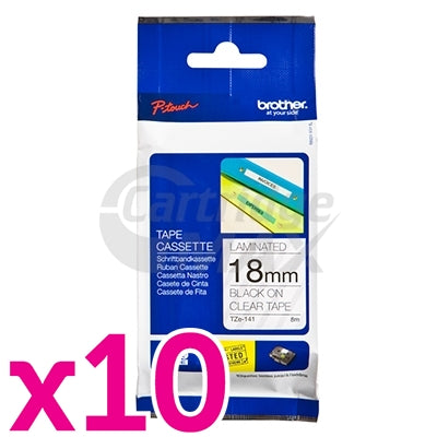 10 x Brother TZe-141 Original 18mm Black Text on Clear Laminated Tape - 8 meters