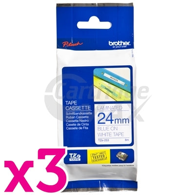 3 x Brother TZe-253 Original 24mm Blue Text on White Laminated Tape - 8 meters