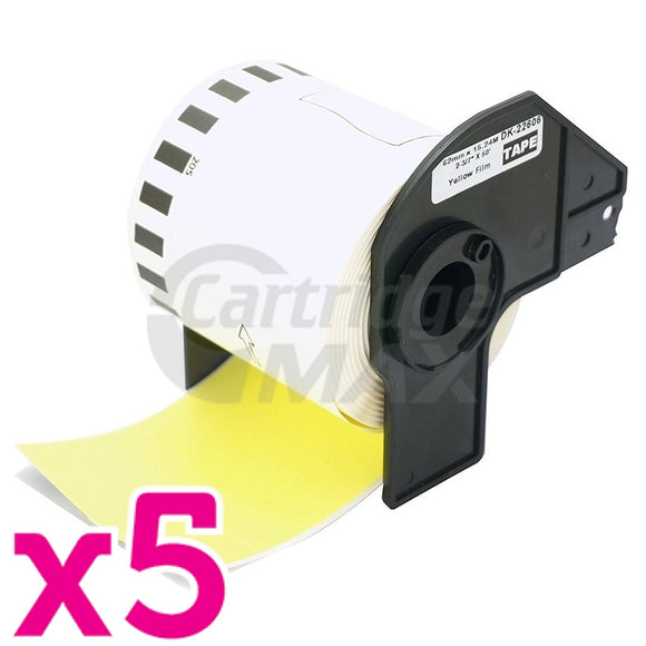 5 x Brother DK-22606 Generic Black Text on Yellow Continuous Film Label Roll 62mm x 15.24m