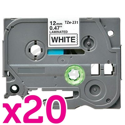20 x Brother TZe-231 Generic 12mm Black Text on White Laminated Tape - 8 meters