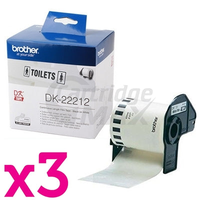 3 x Brother DK-22212 Original Black Text on White Continuous Film Label Roll 62mm x 15.24m