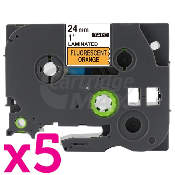 5 x Brother TZe-B51 Generic 24mm Black Text on Orange Fluorescent Laminated Tape - 5 meters