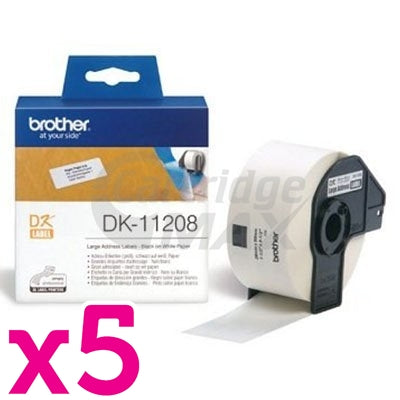 5 x Brother DK-11208 Original Black Text on White Die-Cut Paper Label Roll 38mm x 90mm  - 400 labels per roll