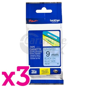 3 x Brother TZe-521 Original 9mm Black Text on Blue Laminated Tape - 8 meters