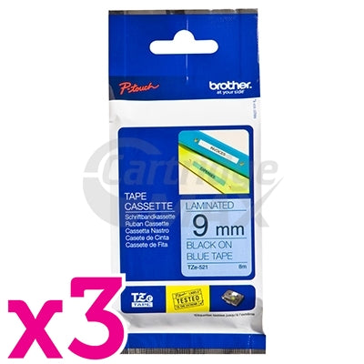3 x Brother TZe-521 Original 9mm Black Text on Blue Laminated Tape - 8 meters