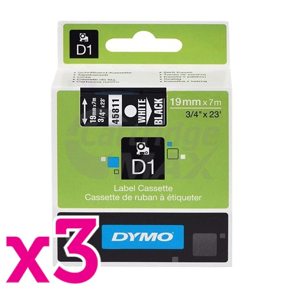 3 x Dymo SD45811 / S0720910 Original 19mm White Text on Black Label Cassette - 7 meters
