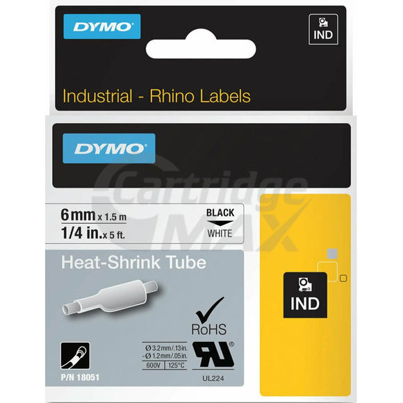 Dymo SD18051 Original 6mm Black Text on White Heat-Shrink Tube Industrial Rhino Label Cassette - 1.5 meters