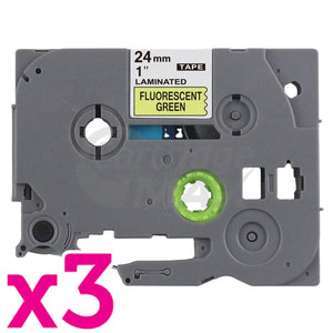 3 x Brother TZe-D51 Generic 24mm Black Text on Green Fluorescent Laminated Tape - 5 meters