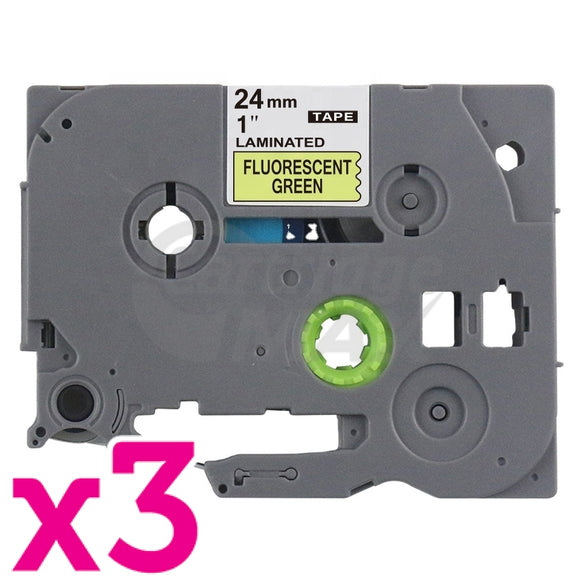 3 x Brother TZe-D51 Generic 24mm Black Text on Green Fluorescent Laminated Tape - 5 meters