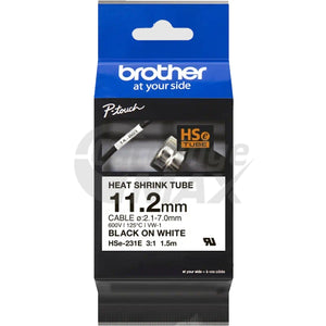 Brother HSe-231E Original 11.2mm Black Text on White Heat Shrink Tube Tape - 1.5 meters