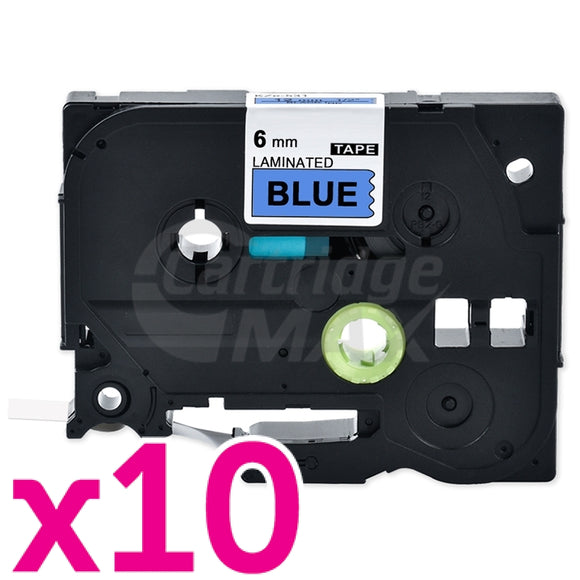 10 x Brother TZe-511 Generic 6mm Black Text on Blue Laminated Tape - 8 meters