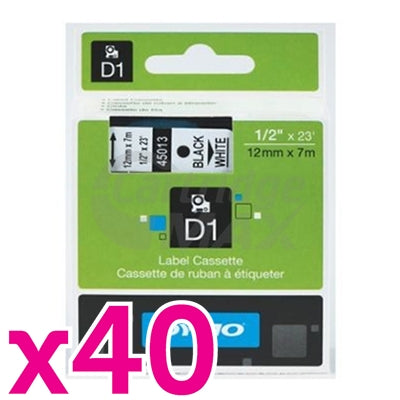 40 x Dymo SD45013 / S0720530 Original 12mm Black Text on White Label Cassette - 7 meters