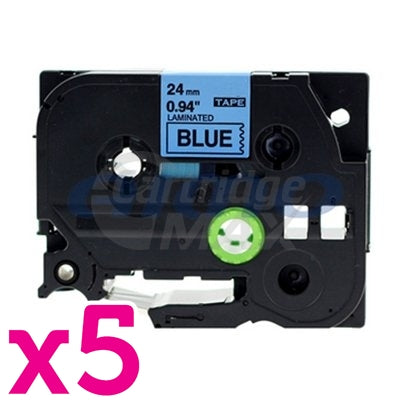 5 x Brother TZe-551 Generic 24mm Black Text on Blue Laminated Tape - 8 meters