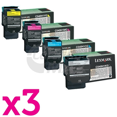 3 sets of 4 Pack Lexmark Original C540 / C543 / C544 / C546 / X543 / X544 / X546 Toner Cartridges High Yield - BK 2,500 pages & CMY