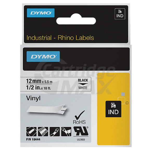Dymo SD18444 Original 12mm Black Text on White Vinyl Industrial Rhino Label Cassette - 5.5 meters