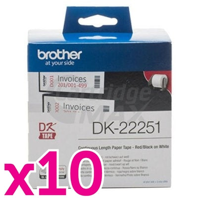 10 x Brother DK-22251 Original Black & Red Text on White Continuous Label Roll 62mm x 15.24m
