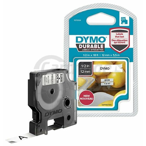 Dymo SD1978364 Original 12mm x 5.5m Black On White D1 Durable Label Tape