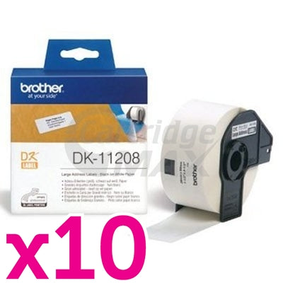 10 x Brother DK-11208 Original Black Text on White Die-Cut Paper Label Roll 38mm x 90mm  - 400 labels per roll