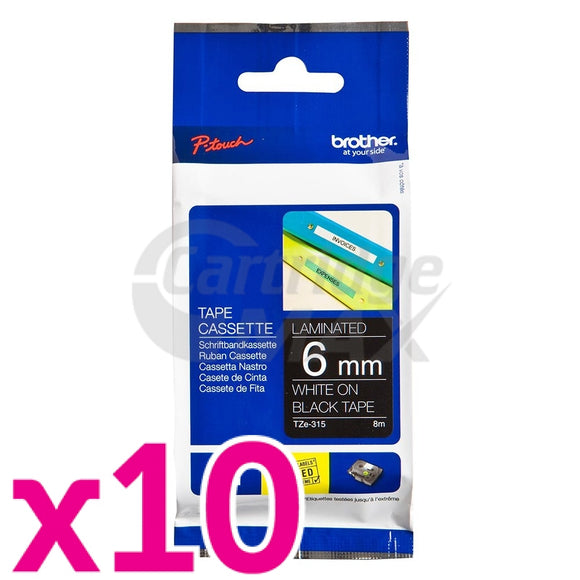 10 x Brother TZe-315 Original 6mm White Text on Black Laminated Tape - 8 meters