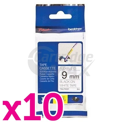 10 x Brother TZe-FX221 Original 9mm Black Text on White Flexible ID Laminated Tape - 8 metres