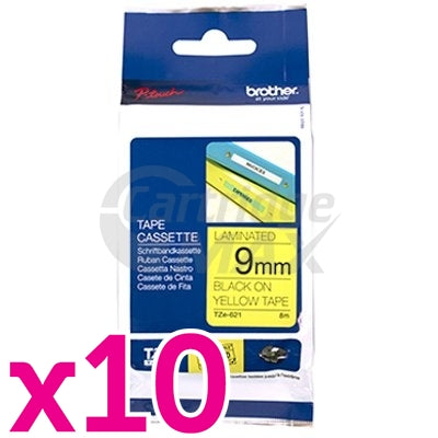 10 x Brother TZe-621 Original 9mm Black Text on Yellow Laminated Tape - 8 meters