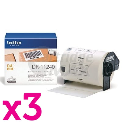 3 x Brother DK-11240 Original Black Text on White 102mm x 51mm Die-Cut Paper Label Roll - 600 labels per roll